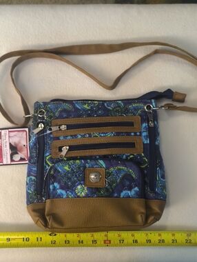 Blue Paisley Crossbody Bag with Brown Trim